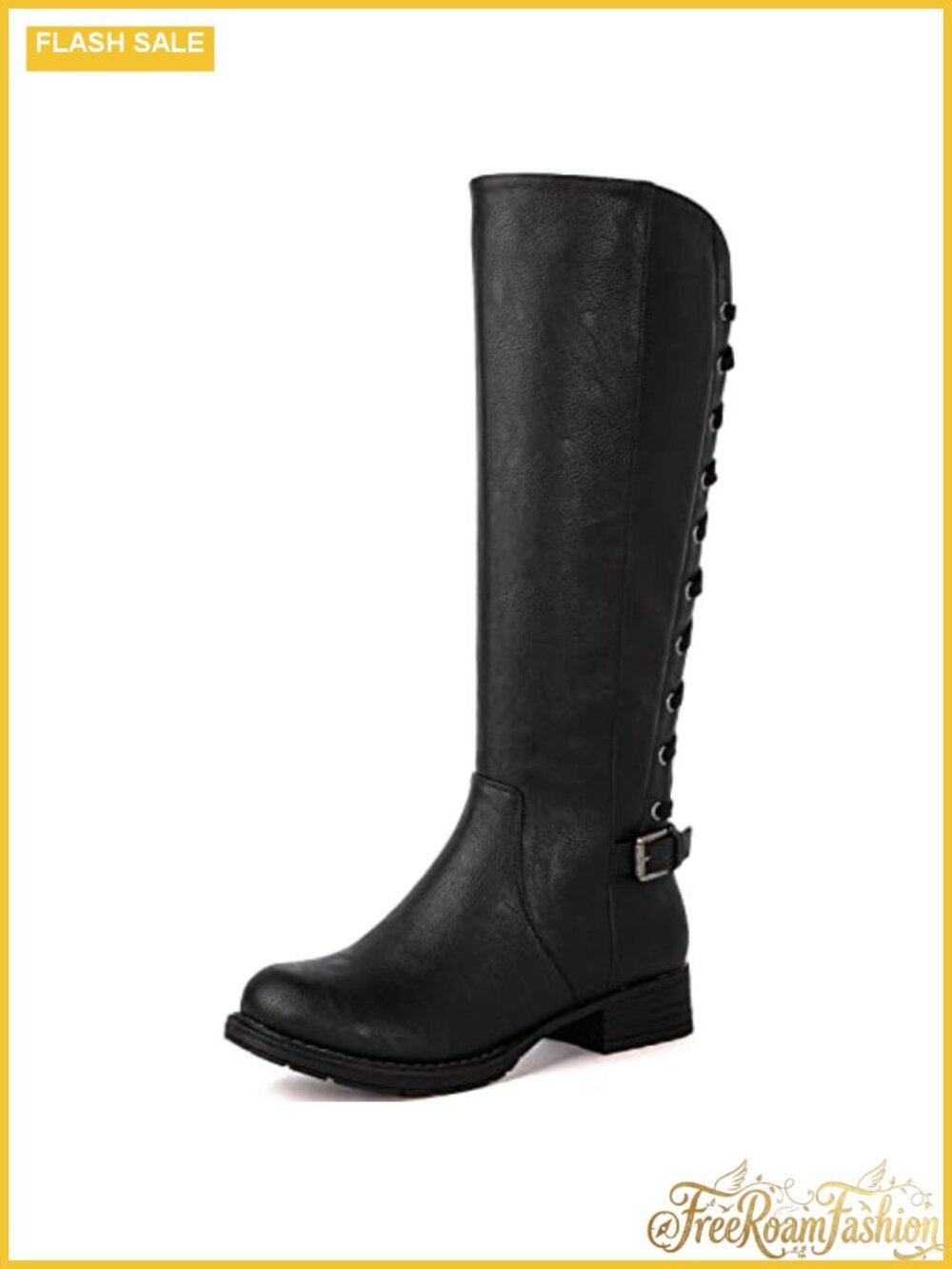 Quilted Knee High Boots Faux Leather Low Heel Lace-Up Back Vegan-Friendly